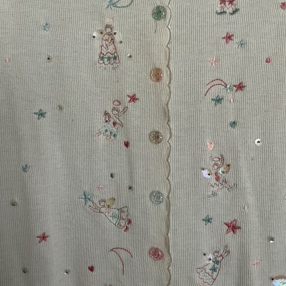 Vintage TEDDI Woman Short Sleeve Sweater Embroidered Angels Crystal Button Small - Picture 2 of 14